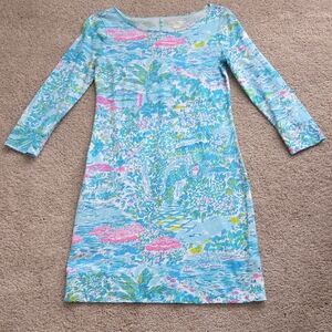 Lilly Pulitzer Light Blue Tropical Print Long Sleeve Dress xxs